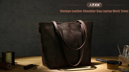 Vintage Genuine Leather Shoulder Work Tote Bag